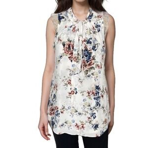 WhiteHouseBlackMarket Blouse Top Sz S White Floral Sleeveless Dressy Neck Tie